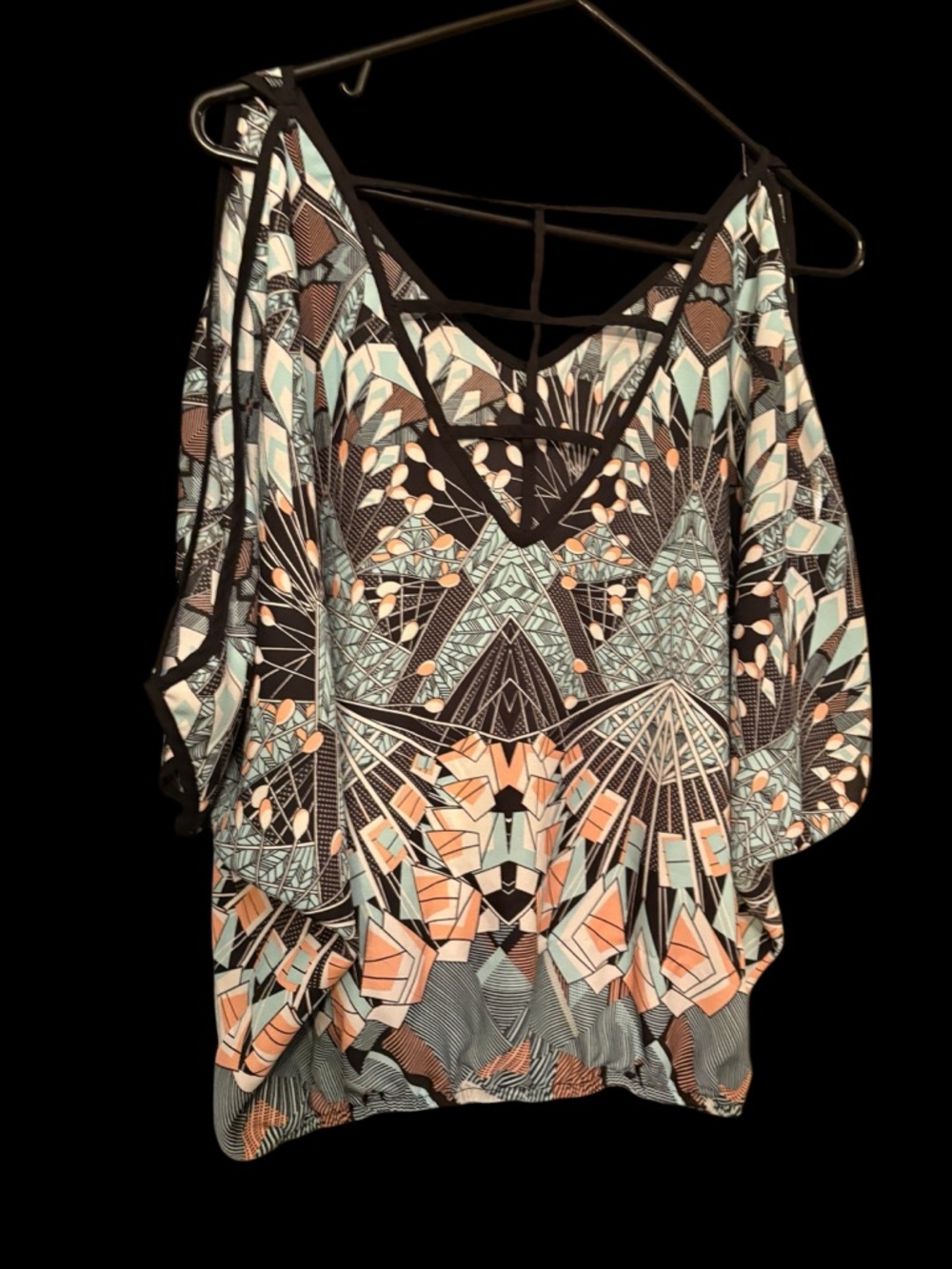 A. Byer Geometric Cold-Shoulder Tunic in Mint, Peach & Black with Banned Waist